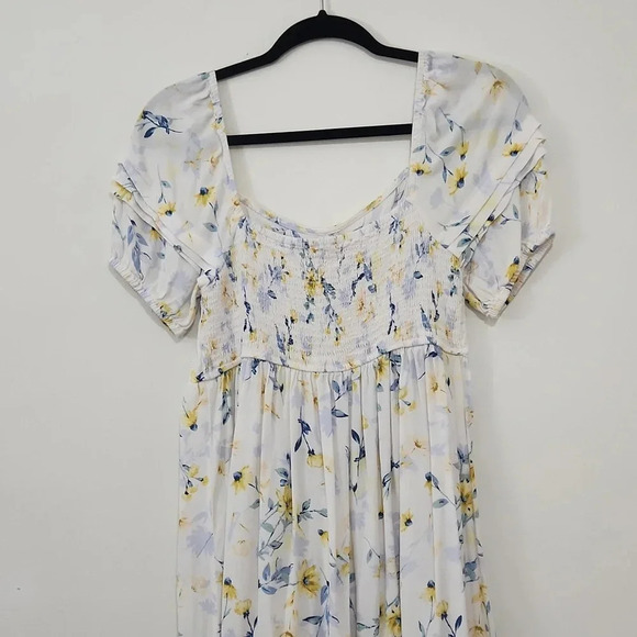 Lovestitch Honey Puff Sleeve Mini Dress white yellow blue M Medium - Picture 4 of 5